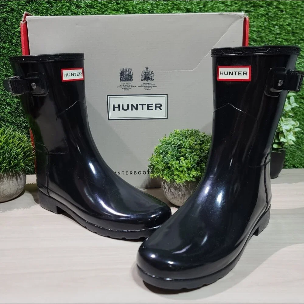 Hunter Refined Short Gloss Boots Black - US Women's 8 NEW